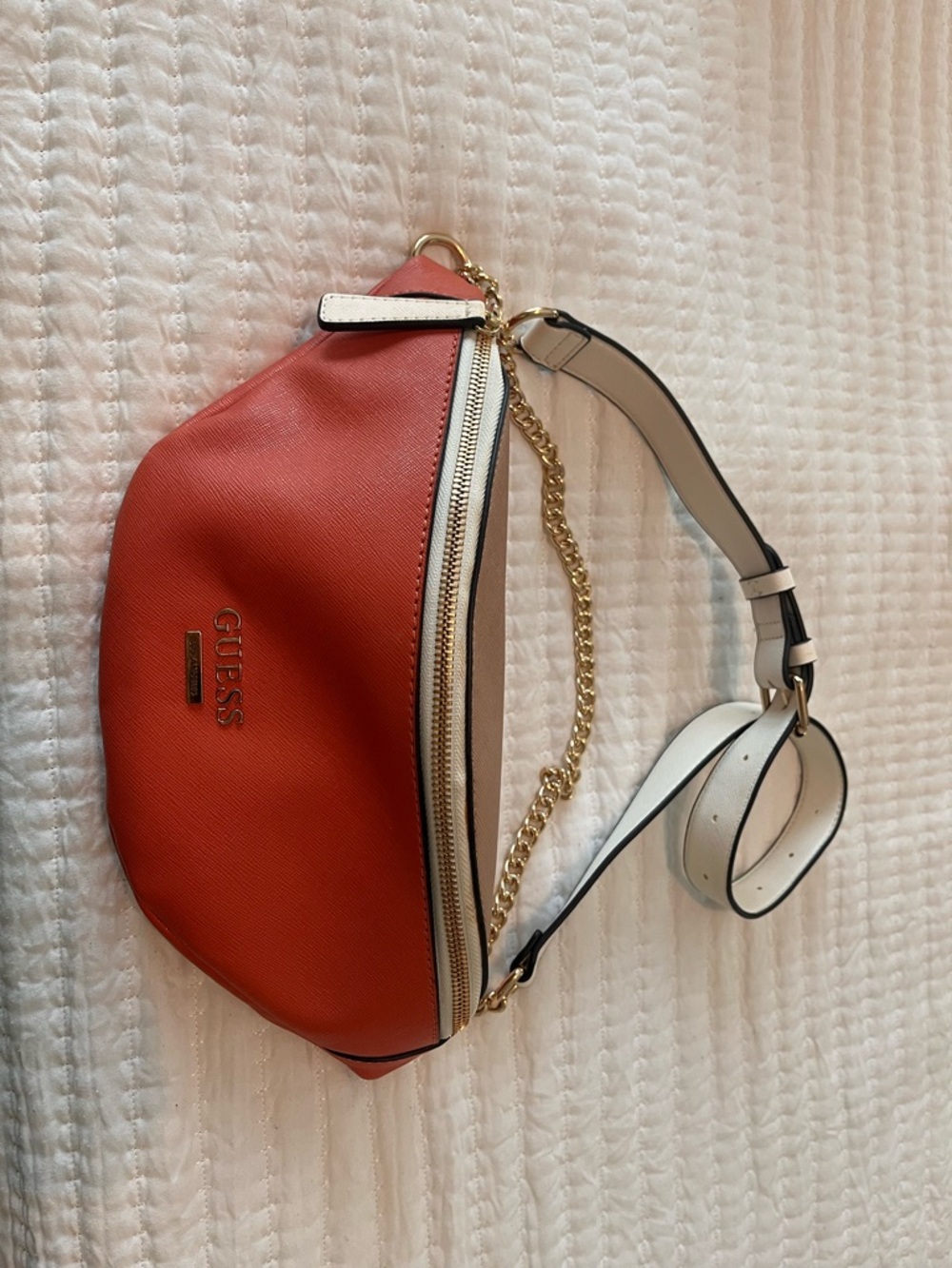 GUESS Orange Crossbody Fanny Belt Bag with White Strap and Gold Chain